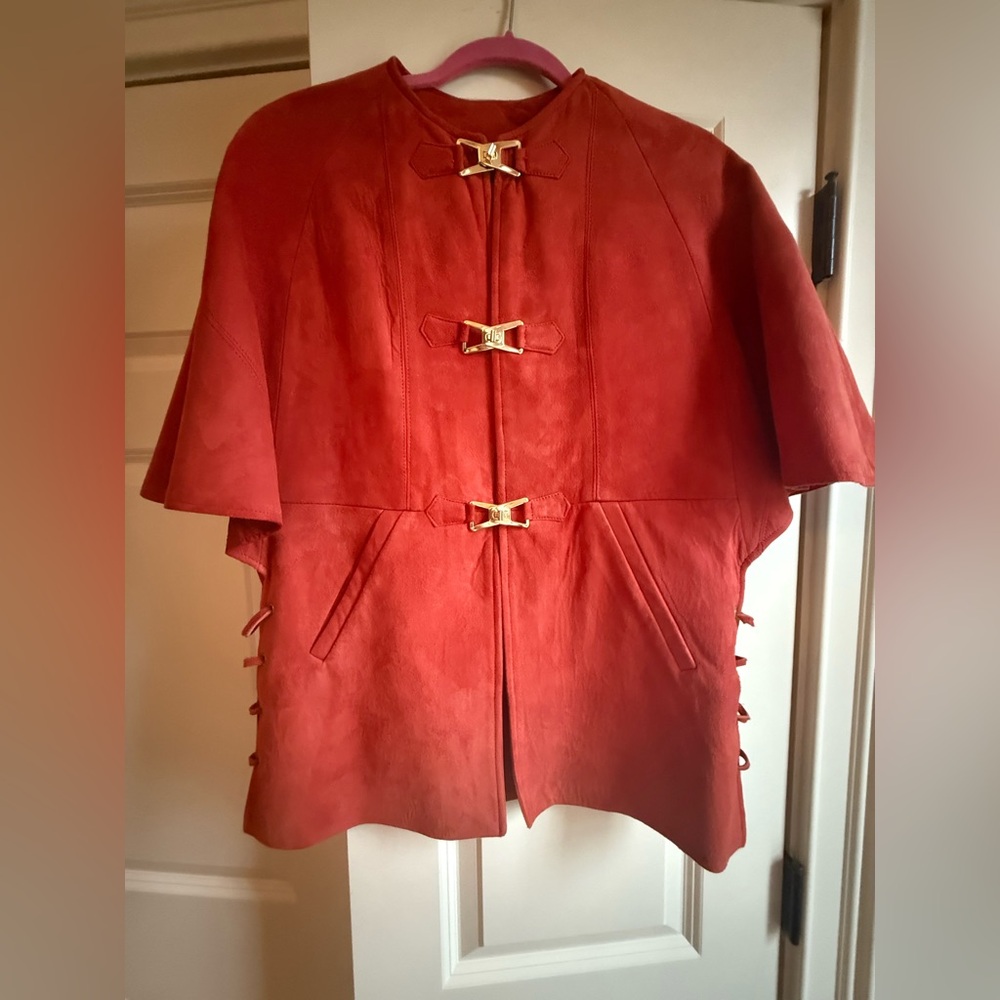 Elegant Reddish Orange Suede Women's Poncho Cape Coat